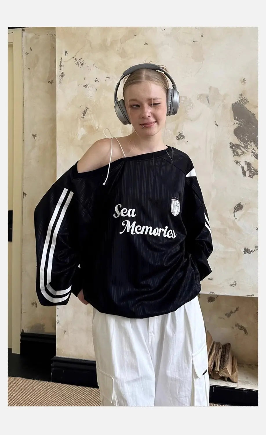 HOUZHOU Y2k Vintage Women Sweatshirts Sloping Shoulder Letter Printed Long Sleeve American Retro Hoodies Loose Gyaru Streetwear