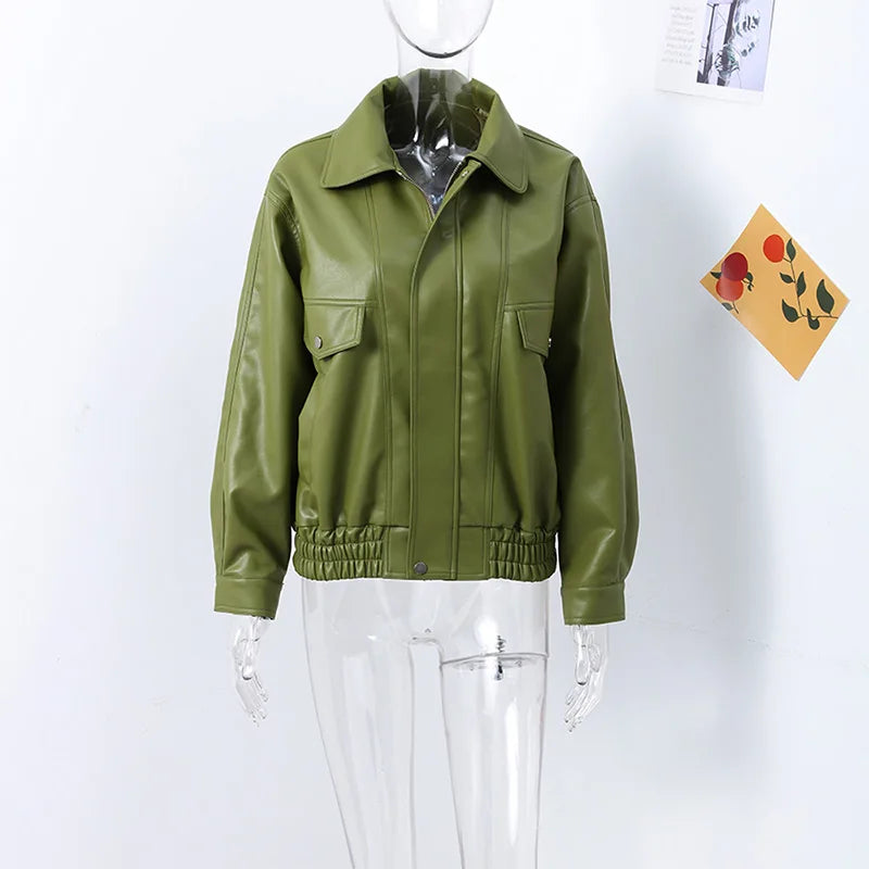 Fashion Green PU Leather Jacket Women Laple Zipper Loose Full Sleeve Single Breasted Cropped Coat 2024 New Lady Solid Streetwear