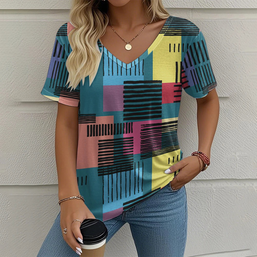 Summer Vintage Women's T-shirt Casual Plaid Pattern Printed Clothing Outdoor V-neck Short Sleeve Top Fashion Street T-Shirts