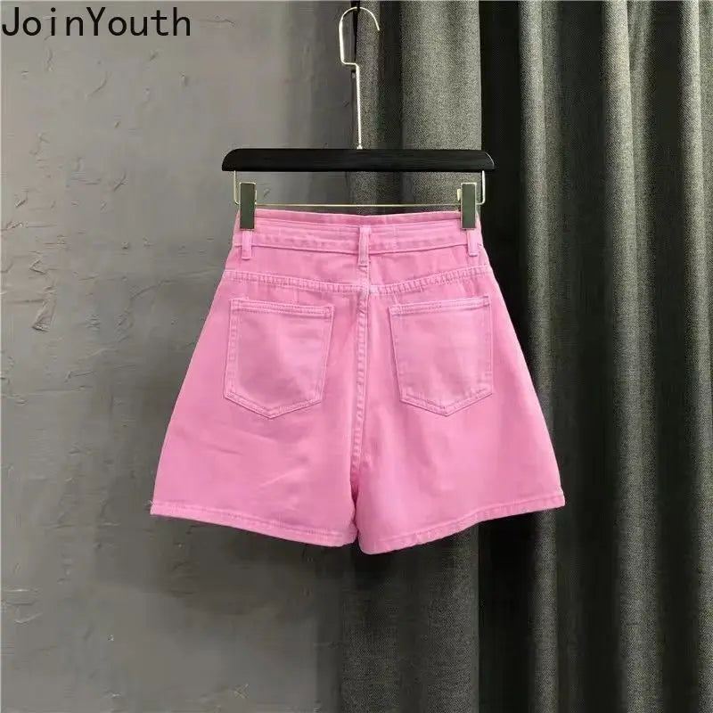 Pink Jean Shorts Women Clothing Streetwear High Waist Y2k Wide Leg Pants 2025 New Bottoms Fashion Casual Summer Y2k Denim Shorts