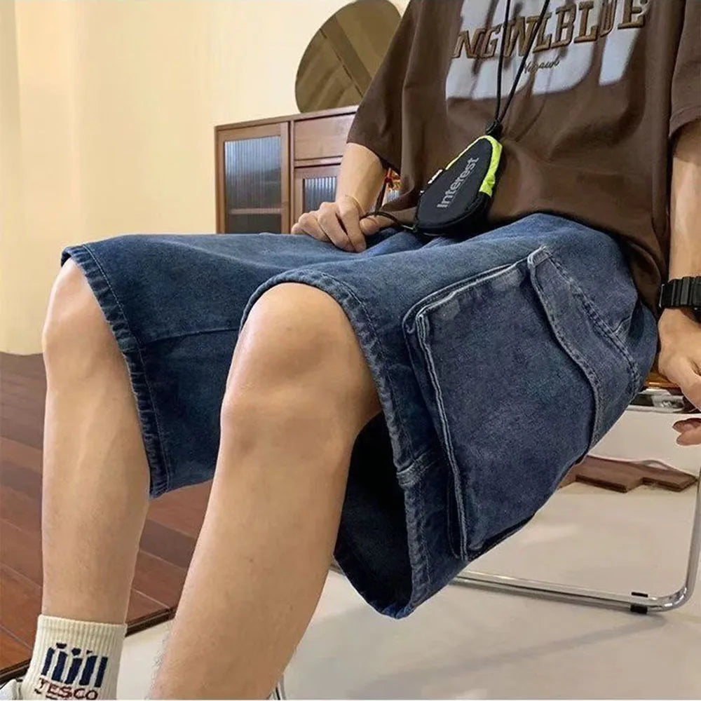 Pocket Casual Denim Shorts Summer Retro Blue Cargo Port Loose Big Pocket Thin Fashion Washed Five Point Casual High Waist Shorts