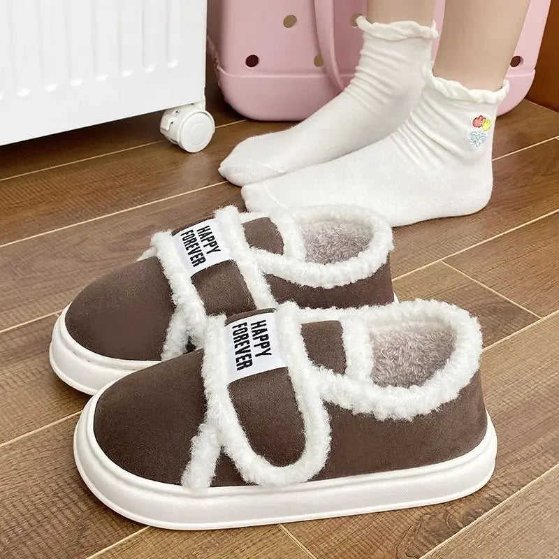Thick-Soled Cotton Slippers For Women Winter Indoor Home Use Non-Slip Fleece-Lined Warm Cotton Shoes Outerwear Winter