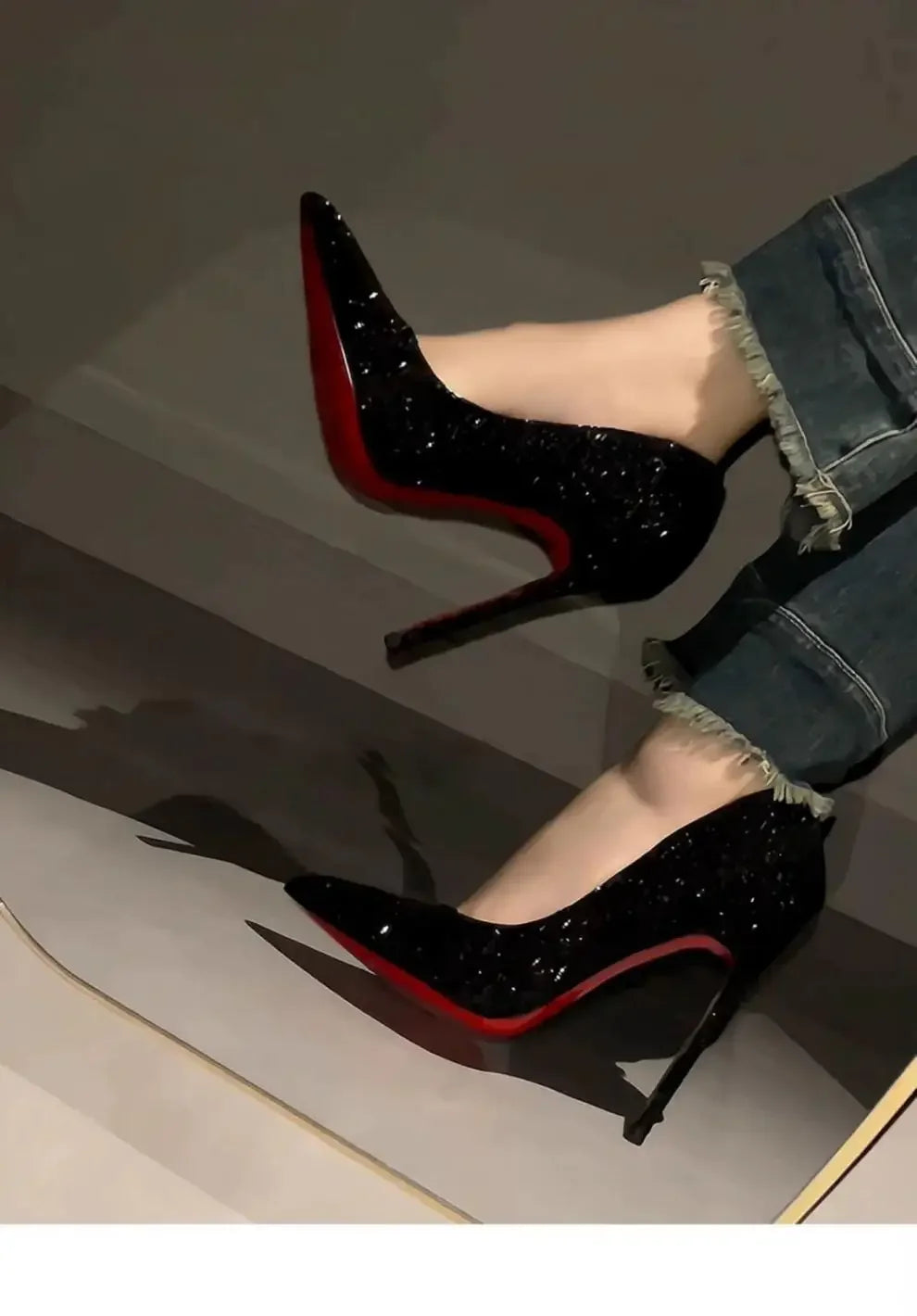 Black Pointed Toe High Heels Full of Diamonds Shiny Sequins Mid Heel Women's Shoes Spring Autumn Season Casual PU Leather