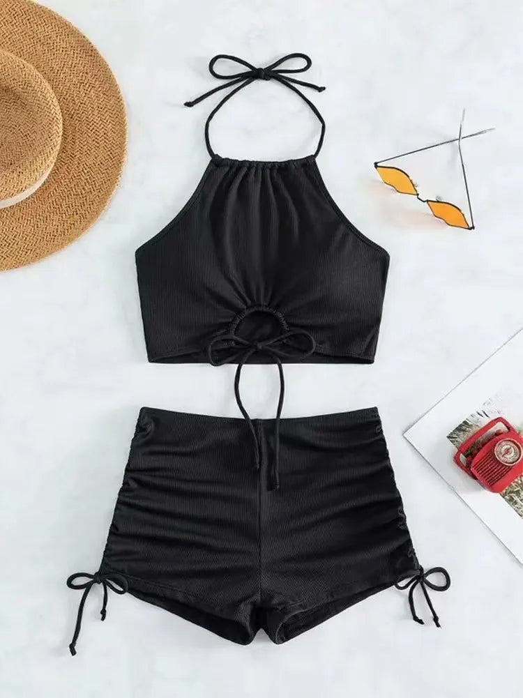 AOTVOTEE Sexy Leopard Bikini Shorts 2 Piece Set Women Laced Up Split Swimsuit Beach Bikini 2025 New Summer Swimwear Bikinis Set