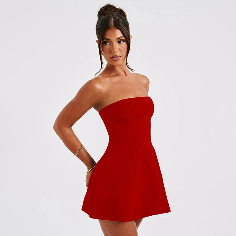 Strapless A-Line Dress Women's Summer New Solid Fashion Sleeveless Sexy Off Shoulder Dresses Bodycon Elegant Club Party Dresses