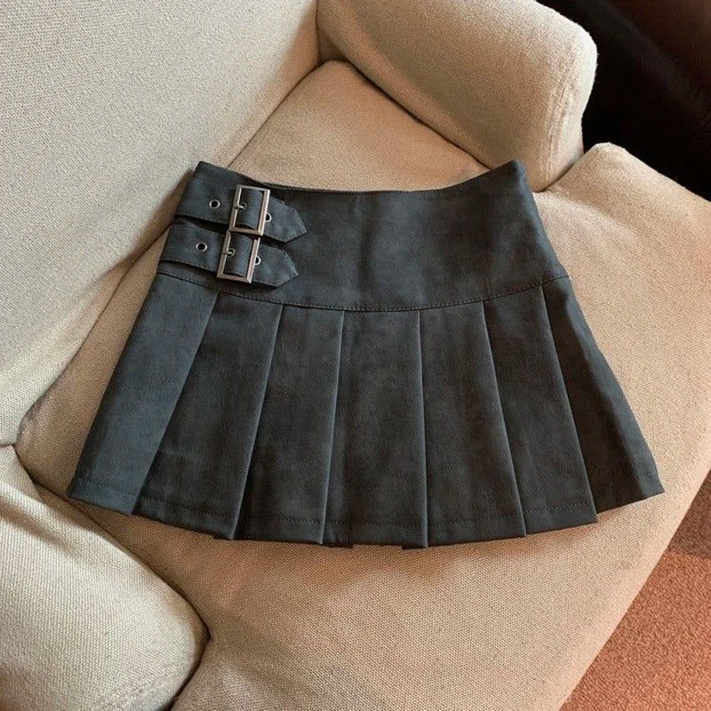 MEXZT S-3XL Y2K Pu Leather Mini Skirts Women Streetwear High Waist Pleated Skirt Vintage Korean Black Slim Casual A Line Skirts