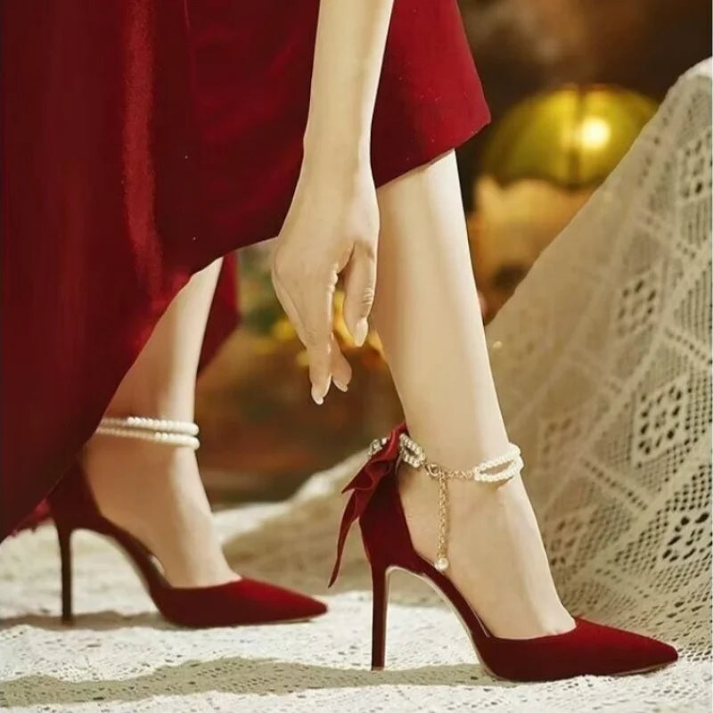 2024 New High Heels Women's Stiletto Heels Fashion Red Chinese Style  Shoes Wedding Shoes Bride  Luxury Shoes