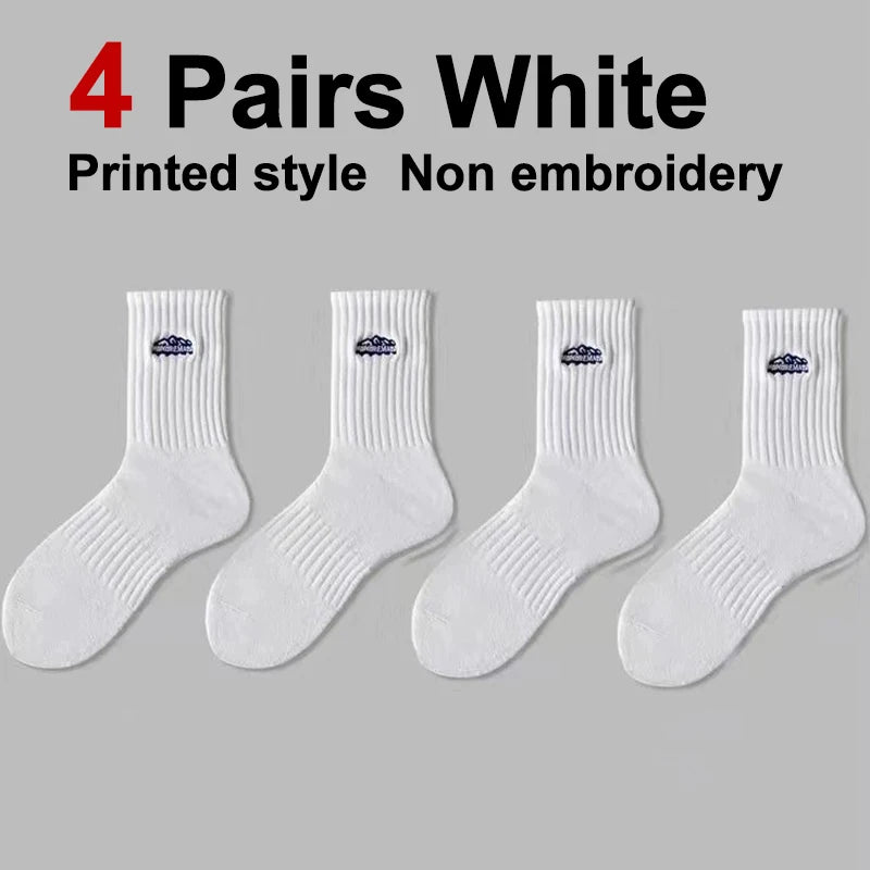 4 Pairs Men Solid Color Printed Mid Tube Socks Fashionable Letter Comfortable Sweat Absorbing Breathable Couple Casual Socks