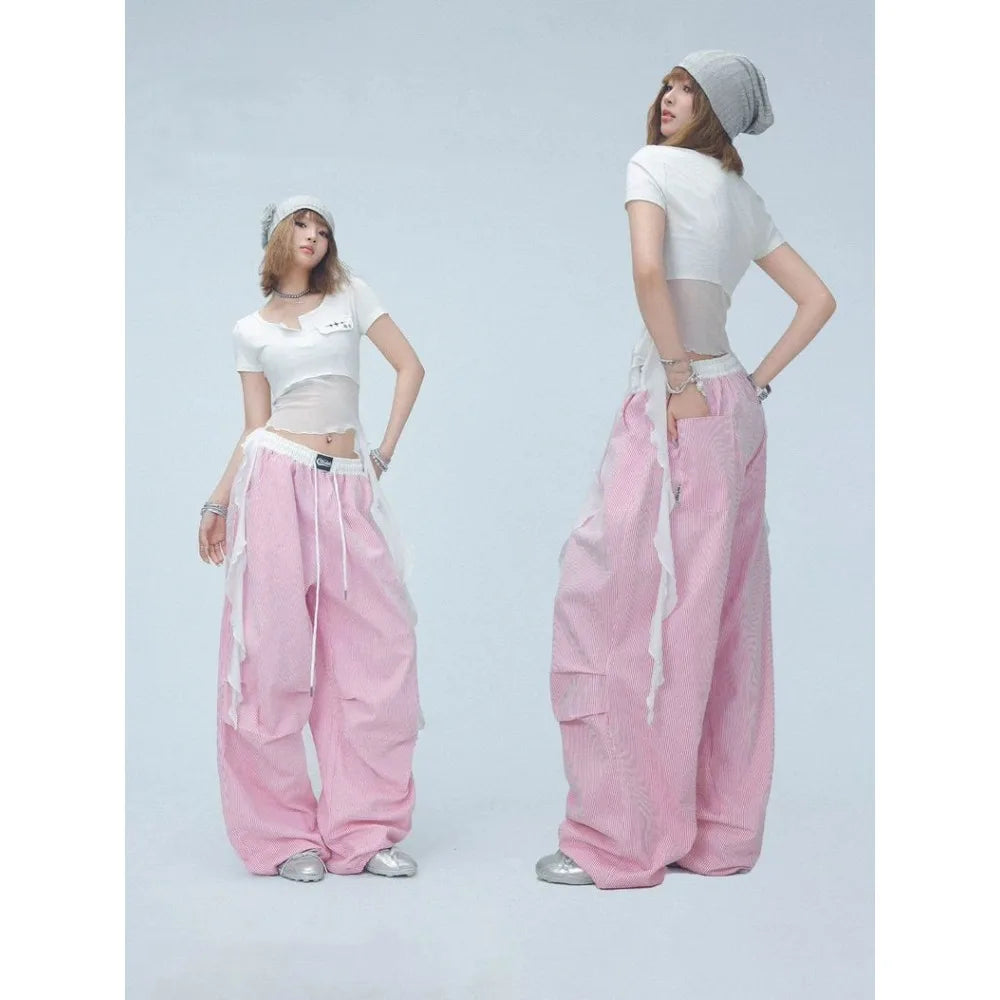 Pink Camo Cargo Pants with Stripes High Waist Streetwear for Women Hip Hop Jogger Pants Trendy Activewear cargo pants women