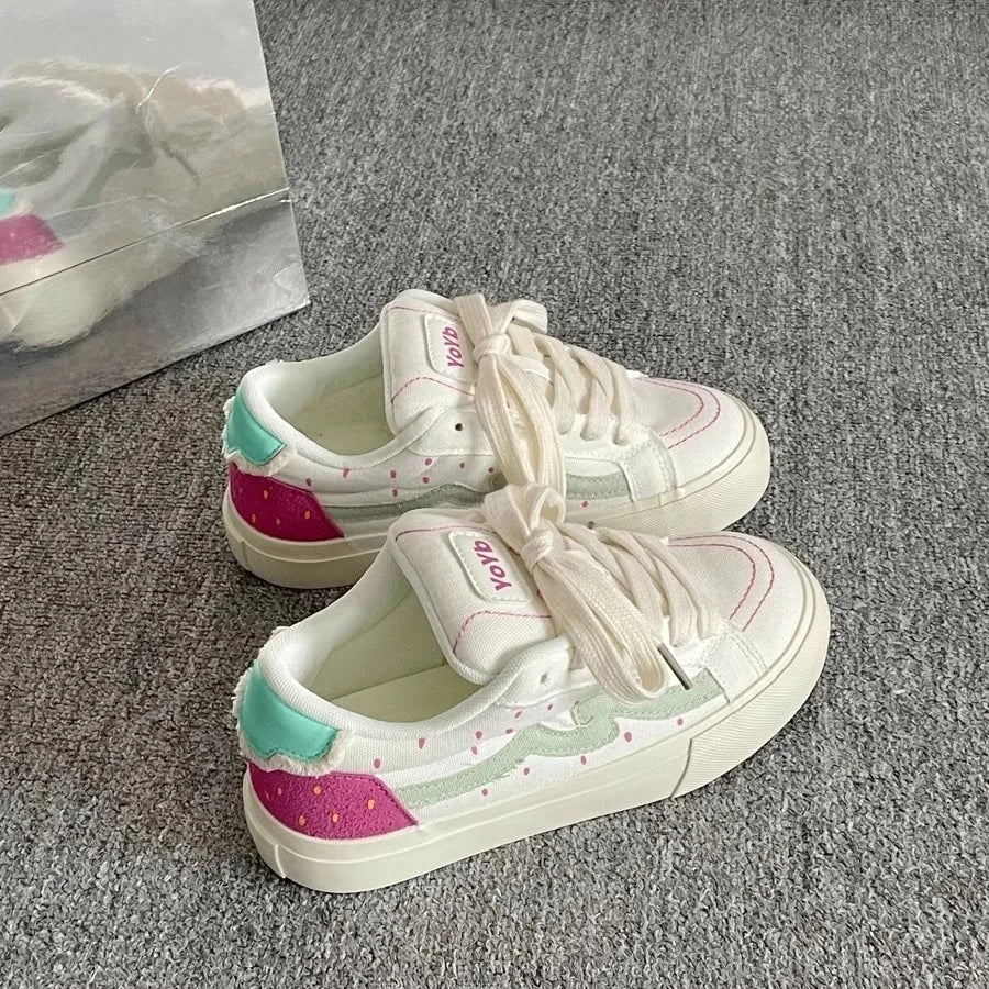 Korean Style Thick Bottom Canvas Shoes Women's Low Top Casual Student Sneakers Flat Heel Cotton Lined Adult Pure Color