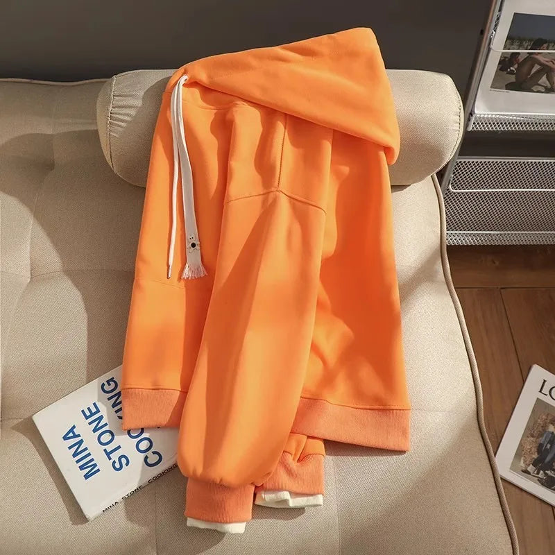 American stitching fake two-piece thin hooded sweater women's spring and autumn new fashion casual coat loose lazy loose top