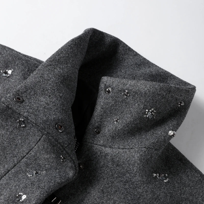 Casual Embroidery Beading Loose Women Coat Lapel Collar Bat Sleeve Solid Wool Blend Jacket 2025 New Lady Luxury Spring Outerwear