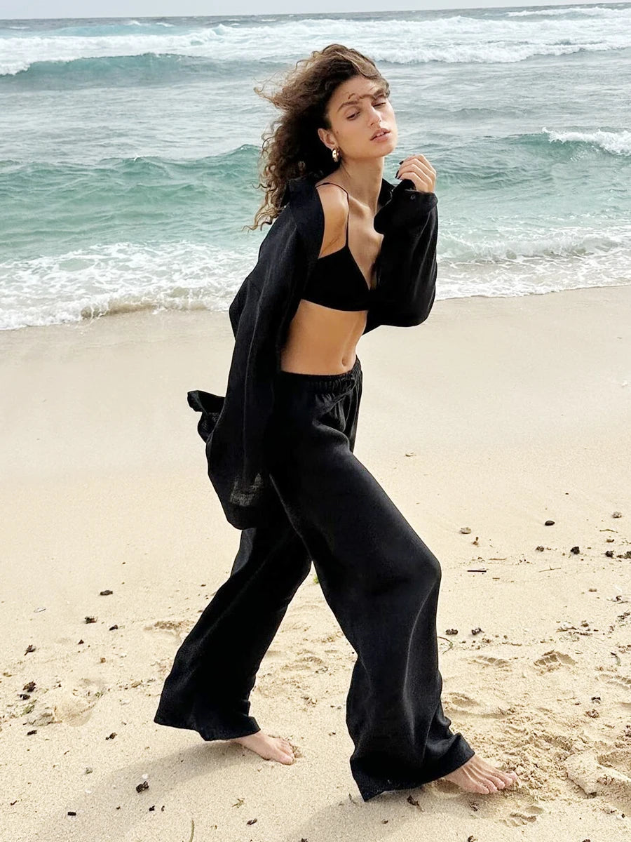 Bornladies Cotton Casual Pants Sets Women's Solid Color Cozy Lapel Long Sleeve Shirt Summer Outfit Elastic Waist Pants Suits