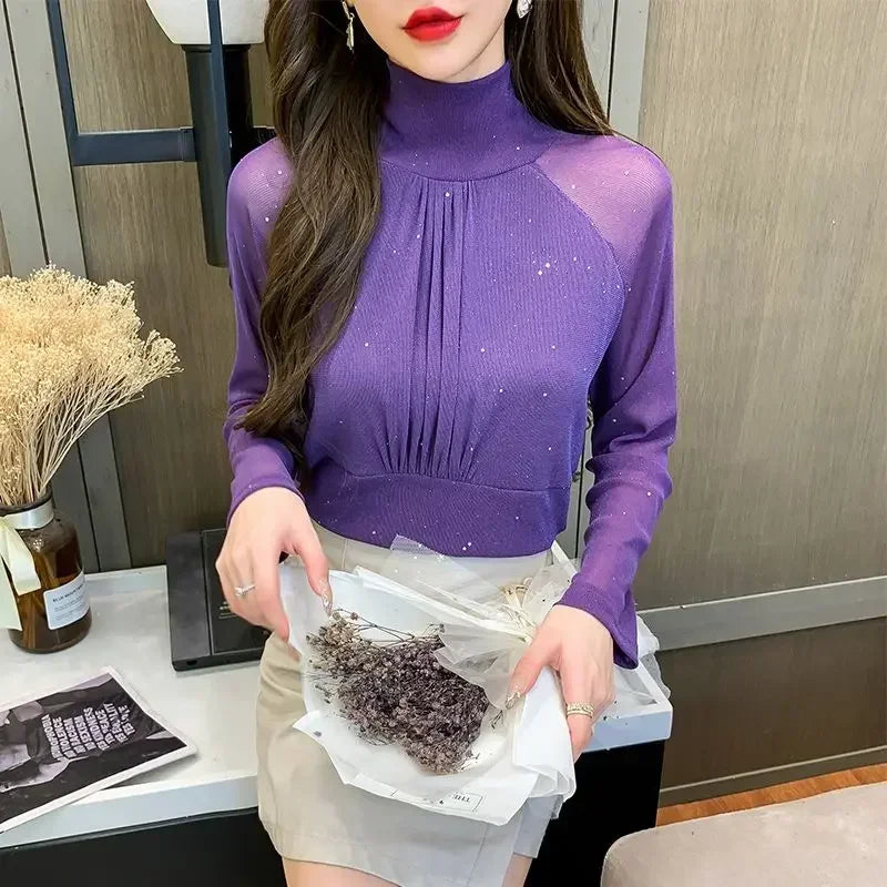 Sequin Long Sleeve T Shirt for Women Rhinestone Slim Plain Glitter Tops Woman Korean Popular Clothes With Sleeves Pulovers Kpop