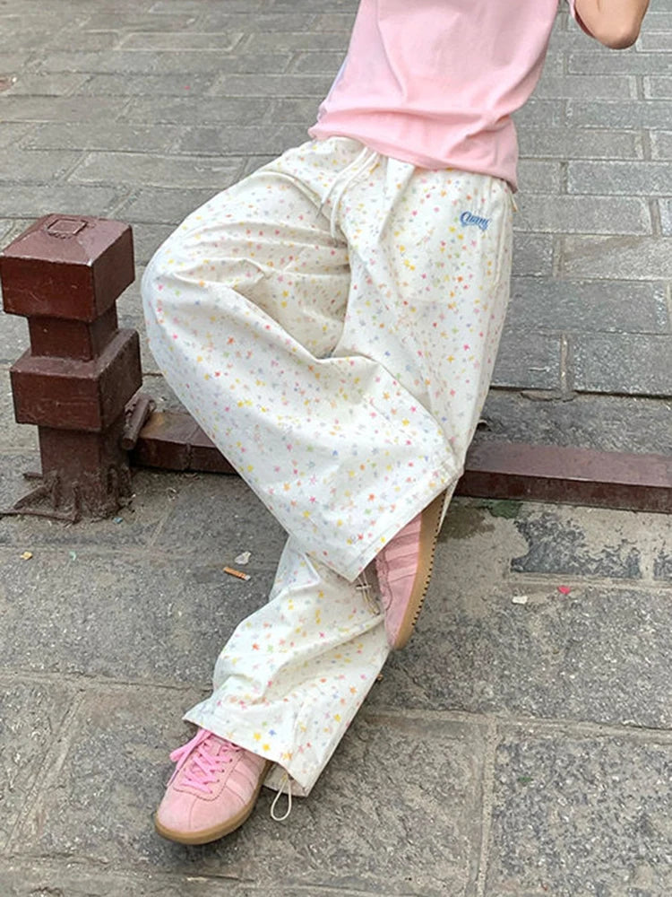 Zoki Stars Print Letter Cargo Pants Women Sweet Fashion High Waist Wide Leg Trousers Casual Loose Preppy Style Female Cute Pants