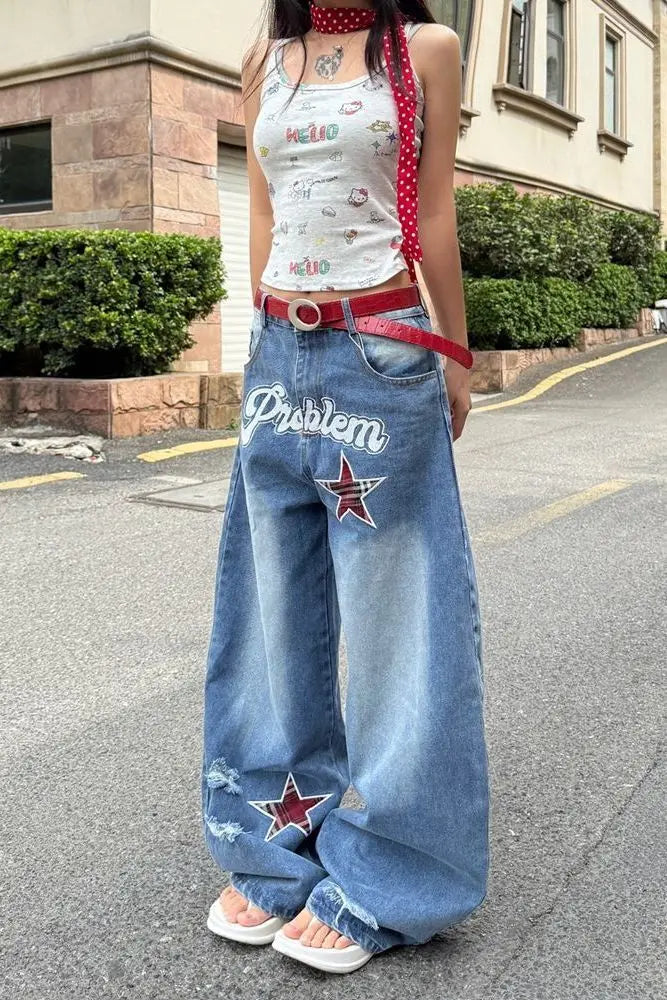 Blue Gothic Ripped Jeans Women Summer Baggy Aesthetic Denim Trousers Harajuku Oversize Jean Pants Vintage 2000s Trashy Clothes