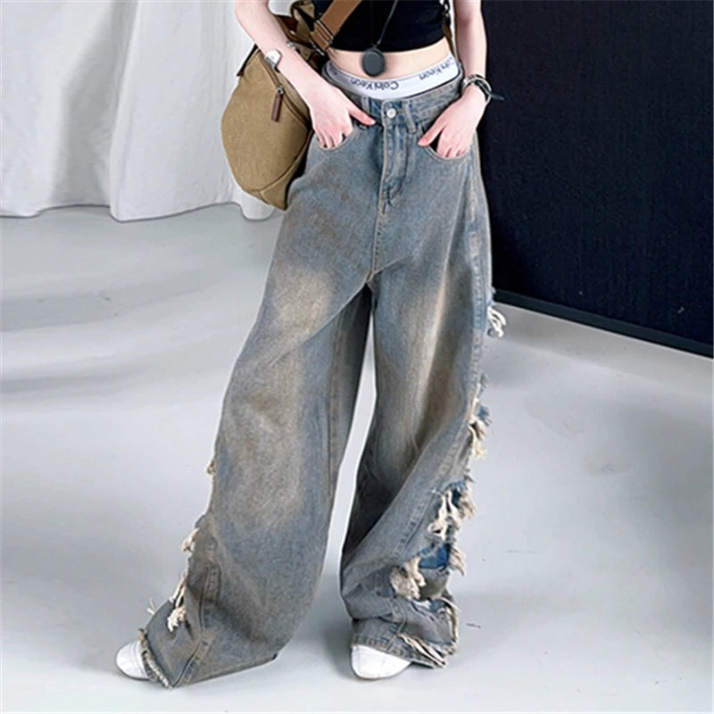 Kids Child American Vintage Washed and Distressed Jeans with Side Hole For Girl High Street Fashion  Wide Leg Broken Denim Pants