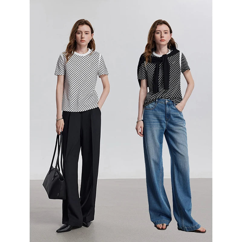 TOYOUTH Women Short Sleeve Striped T shirt 2025 Spring New Tops 8521021