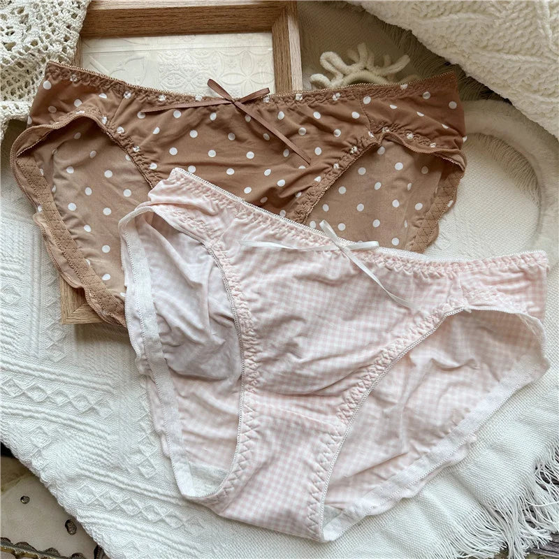 SP&CITY Dot Patterned Ice Silk Cute Women's Panties Ow Waist Cartoon Printed Sweet Plaid Ruffle Underwear Female Seamless Briefs