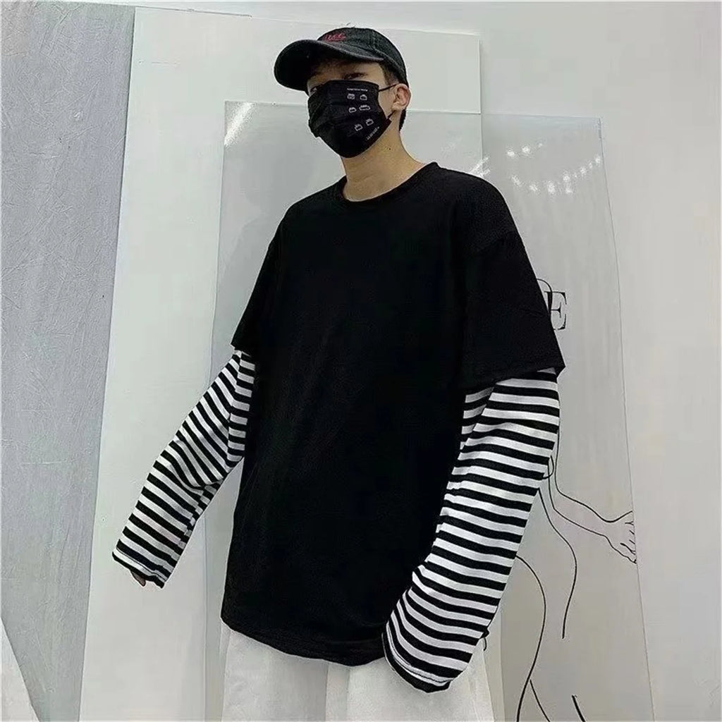 Long Sleeve Fake Two-piece T Shirt Striped Big Shirts Men Clothing Men Fashion Oversized Tees Clothes Tshirt Harajuku Tops Femme