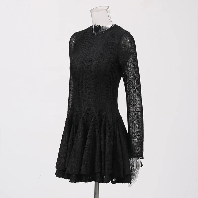 TWOTWINSTYLE Solid Hollow Out Slimming Dresses for Women O Neck Long Sleeve High Waist Temperament Dress Female Fashion