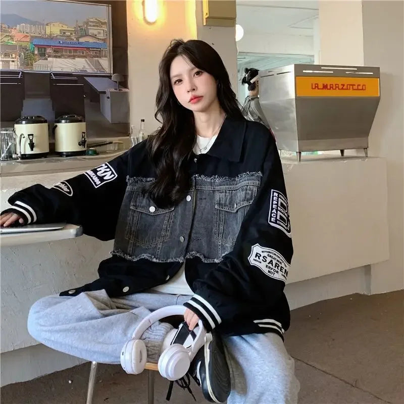 Denim Jacket Embroidered Baseball Uniforms Bomber Jackets Streetwear Harajuku Y2k Tops Trench Coats Hip Hop Long Sleeve Coats
