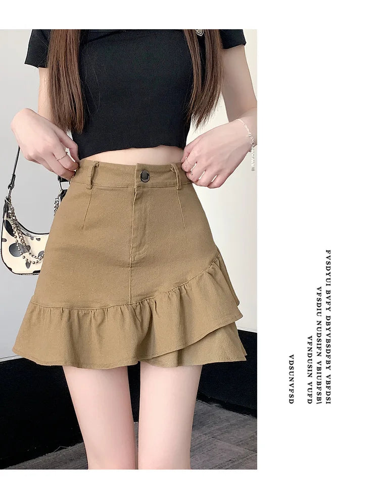 High Waist A-Line  Skirt Women's Spring Summer Denim f-length Skirts with Lace Hemline Cotton Polyester Blend