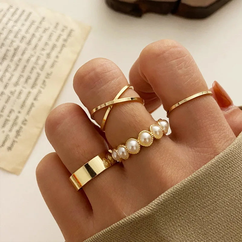 Vintage Shiny Zircon Butterfly Heart Ring Set Gold Color Boho Elegant Eyes Moon Geometric Rings Women Party Jewelry