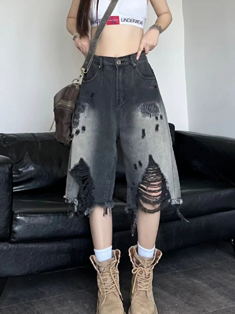 Zoki Harajuku Hole Y2K Denim Shorts Women Streetwear Vintage Gradient Jeans Shorts American Retro Bf Hip Hop Design Shorts New