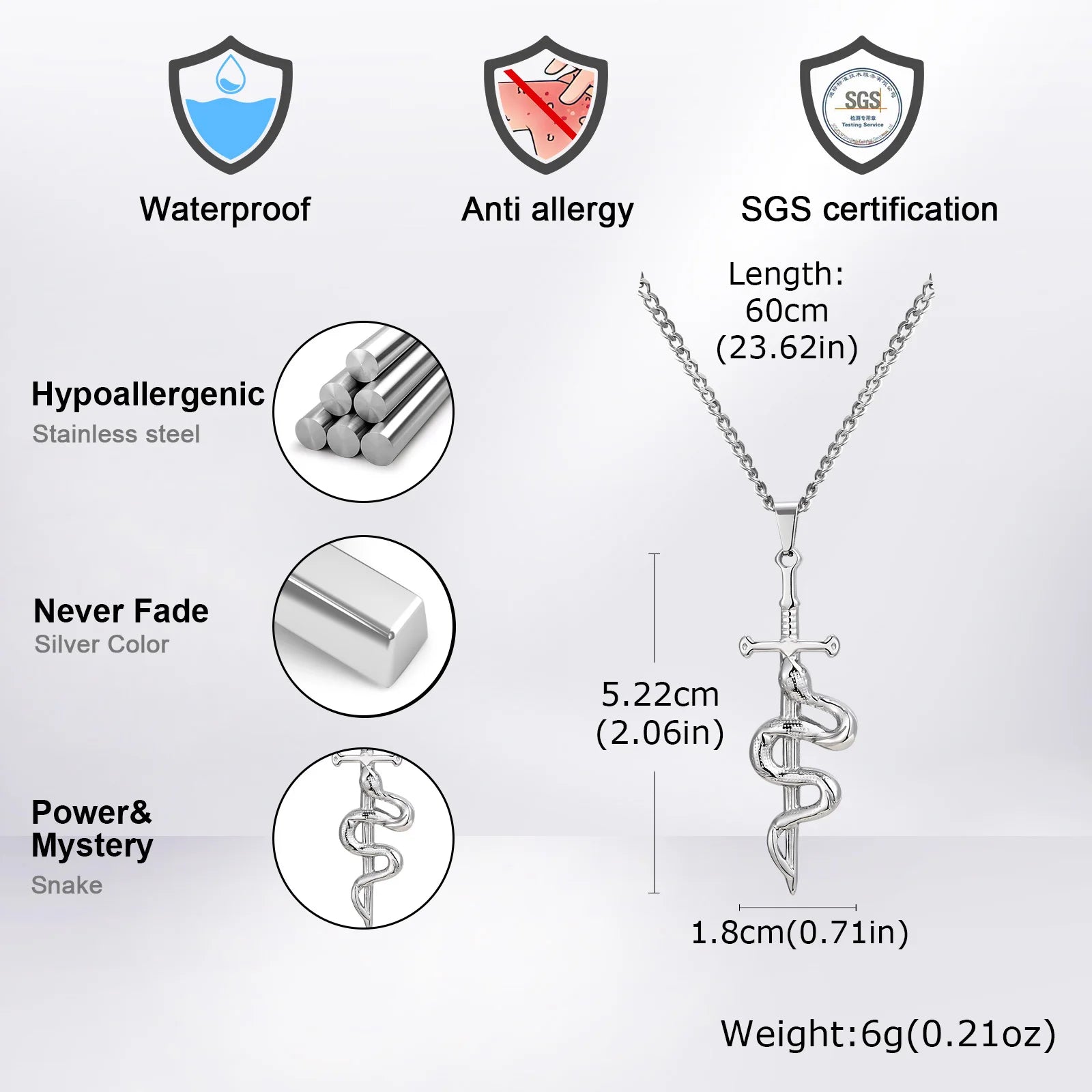 Punk Sword Necklace for Men Boys,Cross Snake Pendant Necklace with 60CM Cuban Chain,Gothic Jewelry Gift