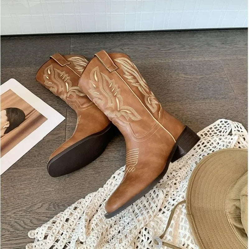 Fall Women Mid-calf Boots 2025 Vintage Leather-covered Brown Western Cowboy Boots Embroidered Chunky Heel Thigh-high Knight Boot