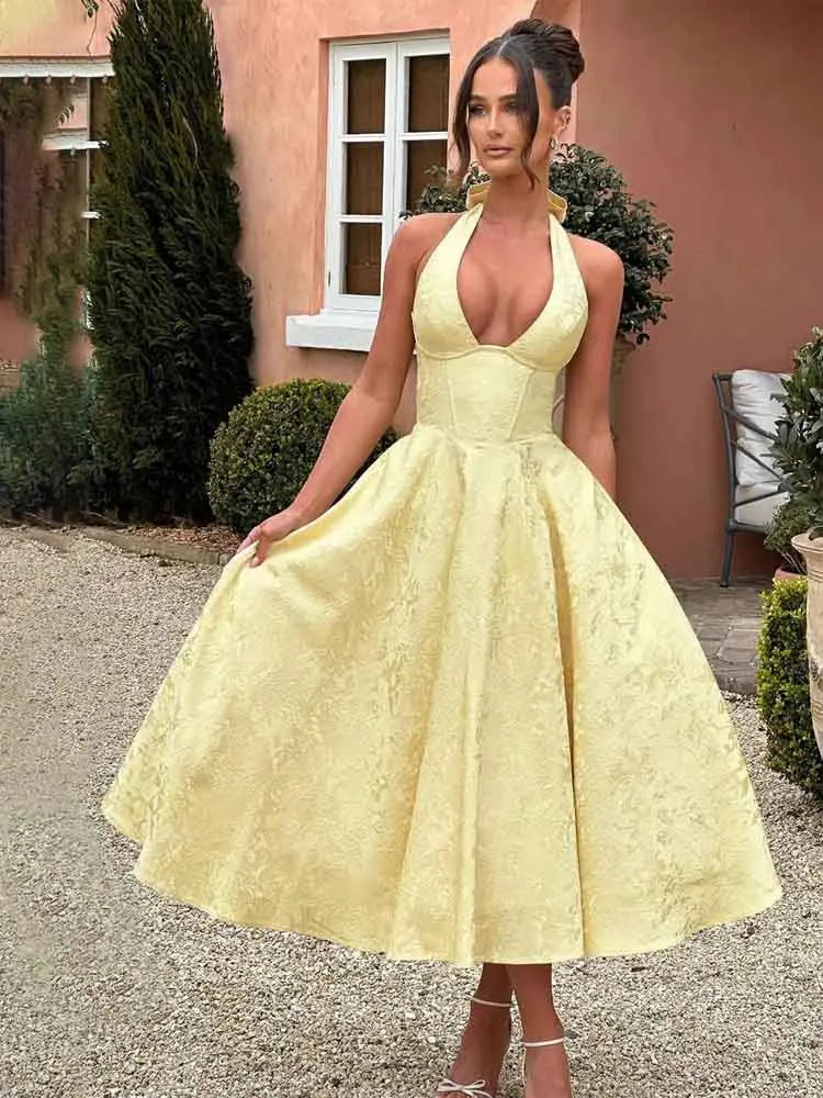 NIDANSSI White Jacquard Pleated Evening Party Dress Women Robes Backless Elegant Sexy Dress Bodycon Long Summer Dress Vestidos