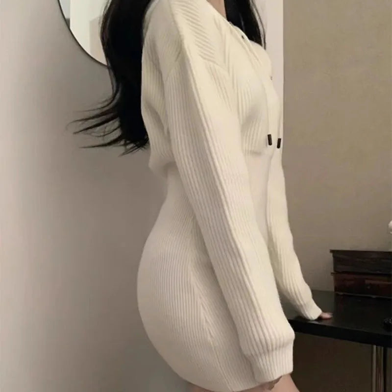 Sexy White Thicken Knit Mini Dress Woman Korean Elastic High Waist Bandage Dresses Women Hooded Outwear Long Sleeve Slim Dress