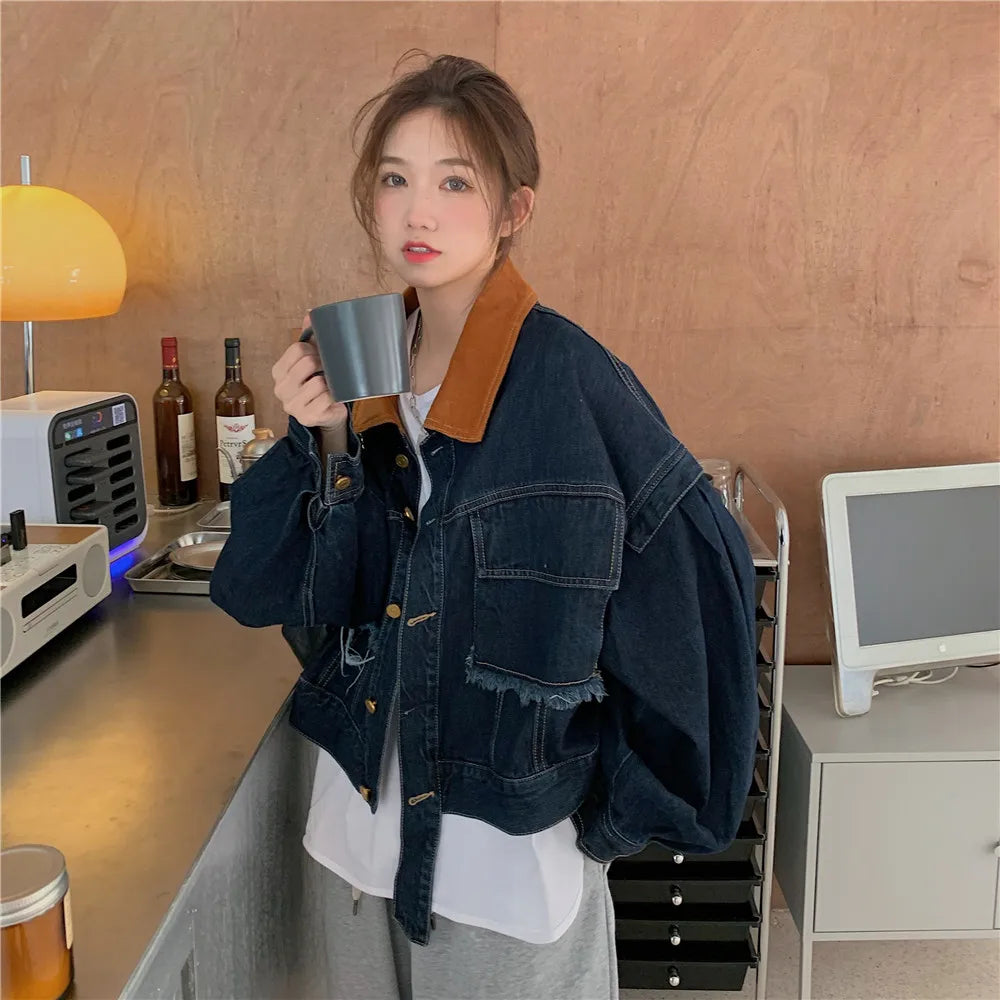 Women's Corduroy Collar Denim Jaet ort Loose Fit Autumn Winter plus Size Versatile Retro Sle Top for Full Figured Ladies
