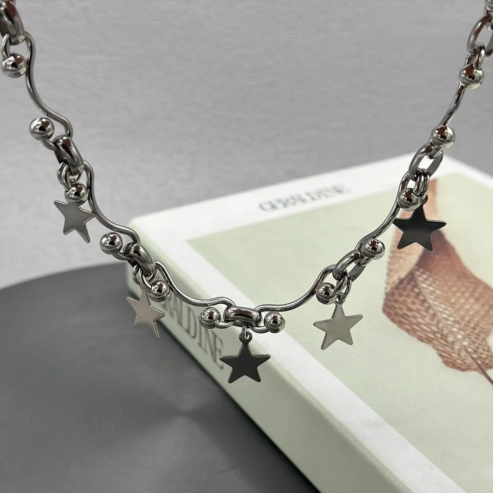 Grunge Fashion Stainless Steel Star Charms Wave Ball Chain Necklace for Women Y2K Harajuku Choker Layed Necklace Emo Jewelry