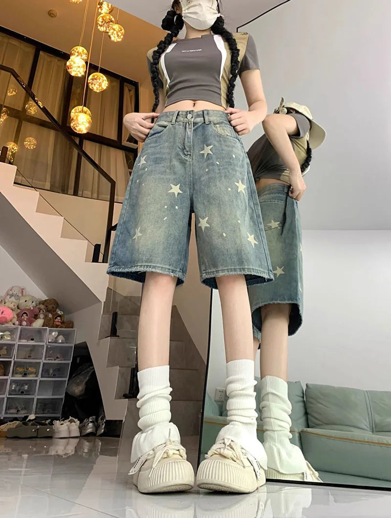 American Style Vintage Women's Short Jeans High Waisted Washed Wide Leg Denim Pants Woman Fashion Do Old Star Knee Length Shorts