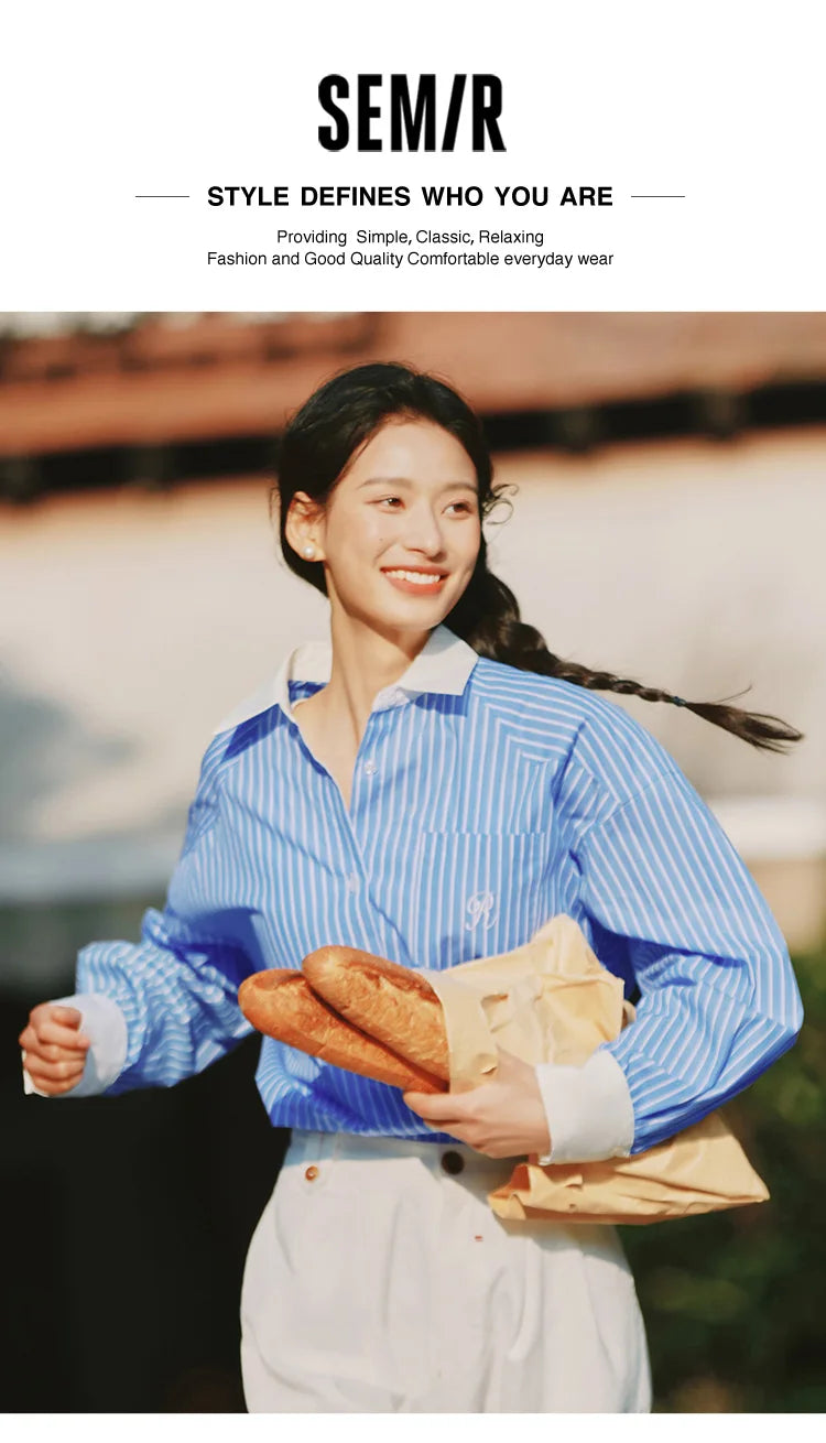 Semir Long Sleeve Shirt Women Mid-long Style Striped Pure Cotton 2025 New Spring Embroidery Oversize Blouse for Commuting
