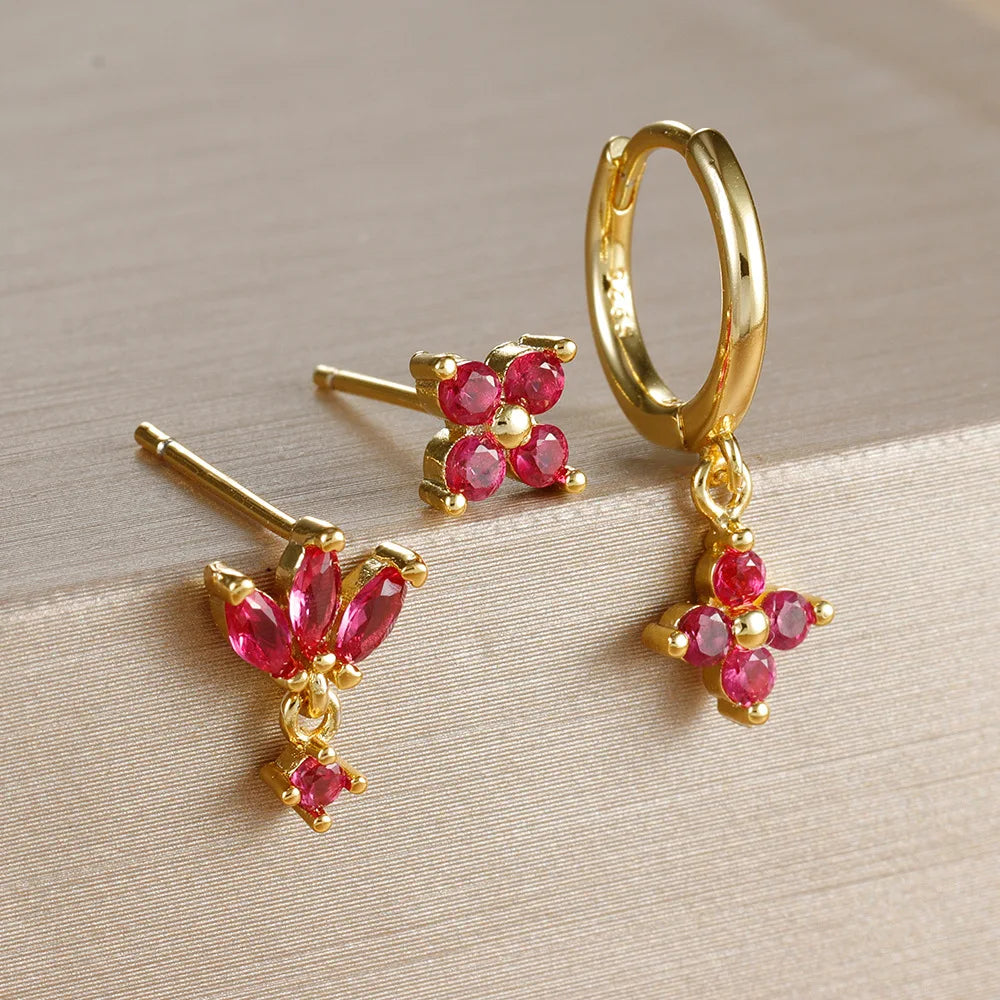 3PCS Fashion Orange Blue Zircon Hanging Earrings Set for Women Stainless Steel Flower Dangle Earring Piercing Jewelry