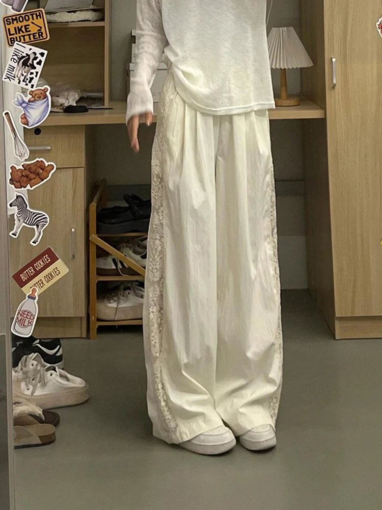 Zoki Lace Patchwork Sweet Pants Women Casual Korean High Waist Fashion Straight Trousers Loose Chic Female Summer Design Pants