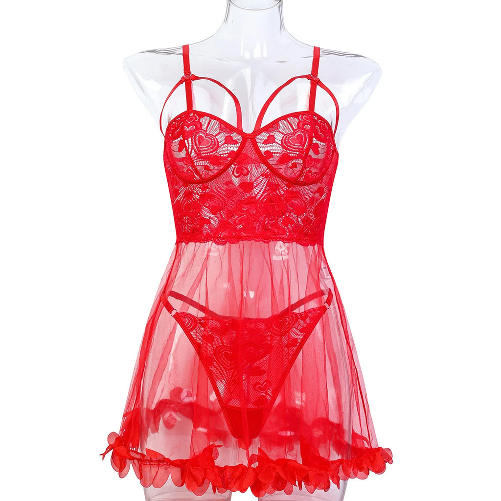 #7123 Red See Through Mesh Women's Pajamas Set Push-up Bra Transparent Underwear Costumes 2 Piece Set Camisole Erotic Lingerie