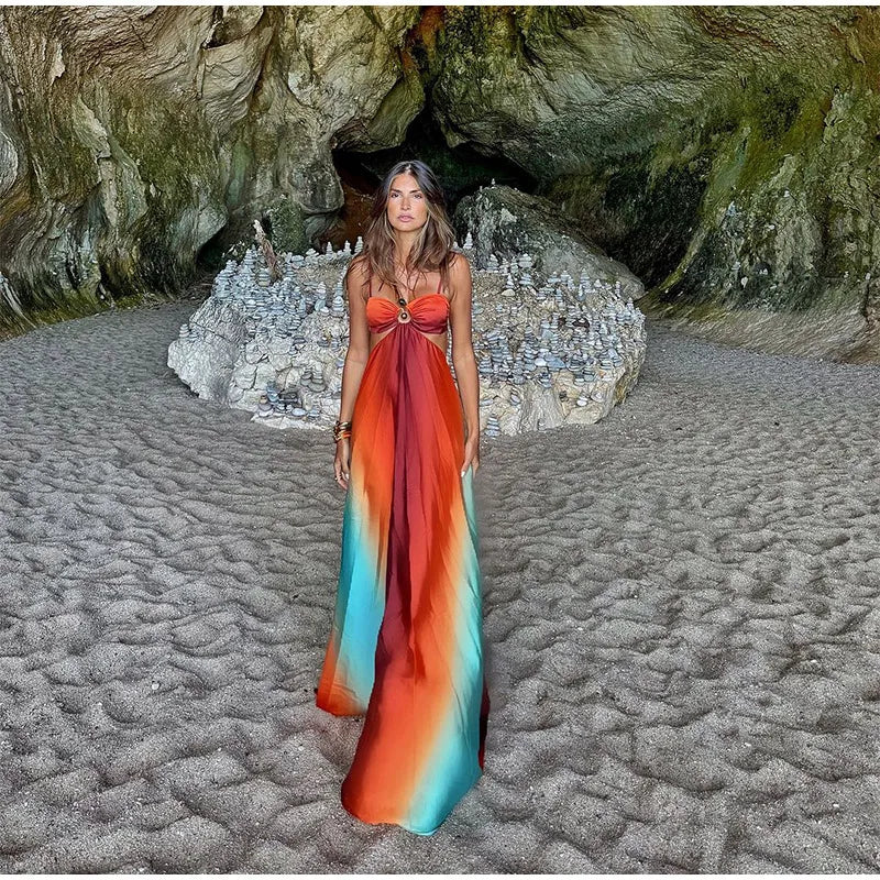 Summer New Colorful Print Beach Dress For Women Sexy Hollow Out High Waist Pleated Maxi Dresses 2025 Vocation Female Vestidos