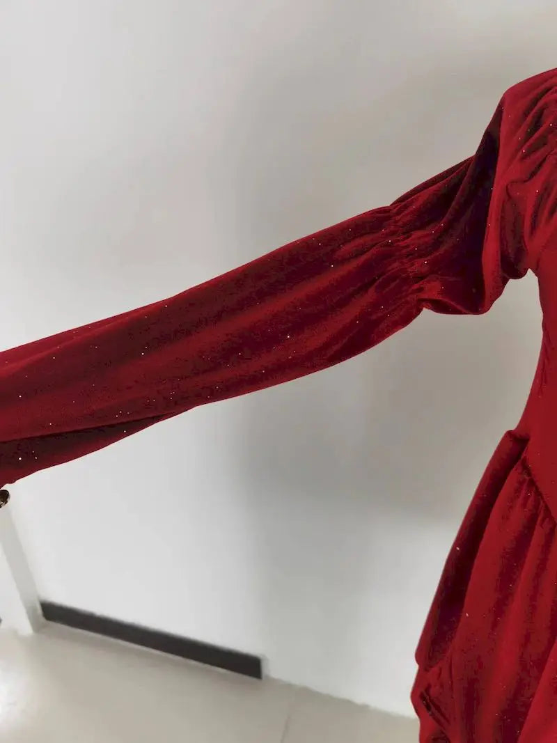 Women's Slim Fit A-line Velvet Dress, Christmas Clothes, Square Collar, Long-sleeved, Red, Sweet, Hot Girl, Autumn Winter