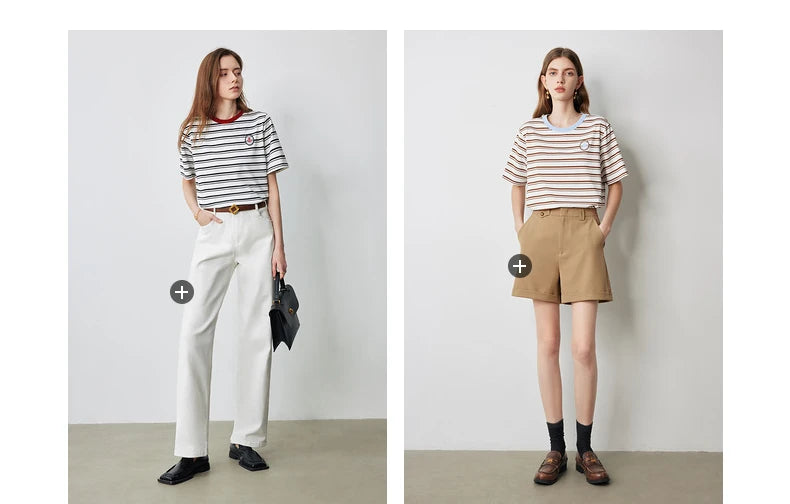 TOYOUTH Women Striped Short Sleeved T-shirt 2024 Summer New Academy Style Round Neck Top