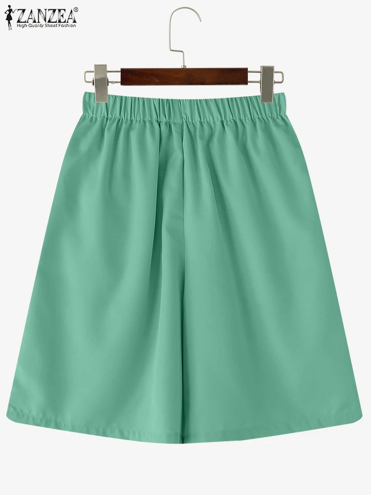 ZANZEA Women Shorts Fashion High Waist Wide Leg Pants 2025 Summer Elastic Waist Pantalons Casual Solid Pockets Vintage Shorts