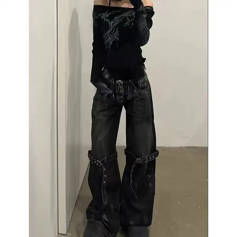 American Retro Wide Leg Baggy Casual Denim Trouser Harajuku Solid High Waist Loose Jeans 2024 Summer Belted Design Women Pants