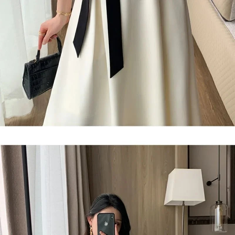 Elegant High-waisted Slimming Black Square Collar Long Dress 2024 New Style Vintage French Fashion For Women