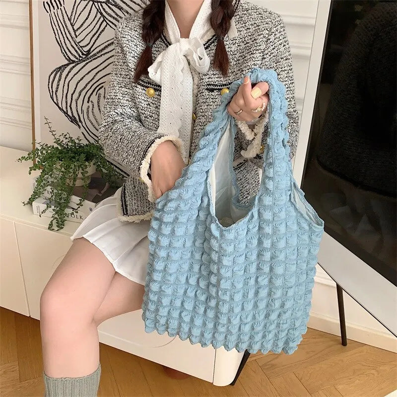 Summer Pleated Bubble Cloud Women Shoulder Bag Vintage Candy Color Large Capacity Shopping Tote Bag