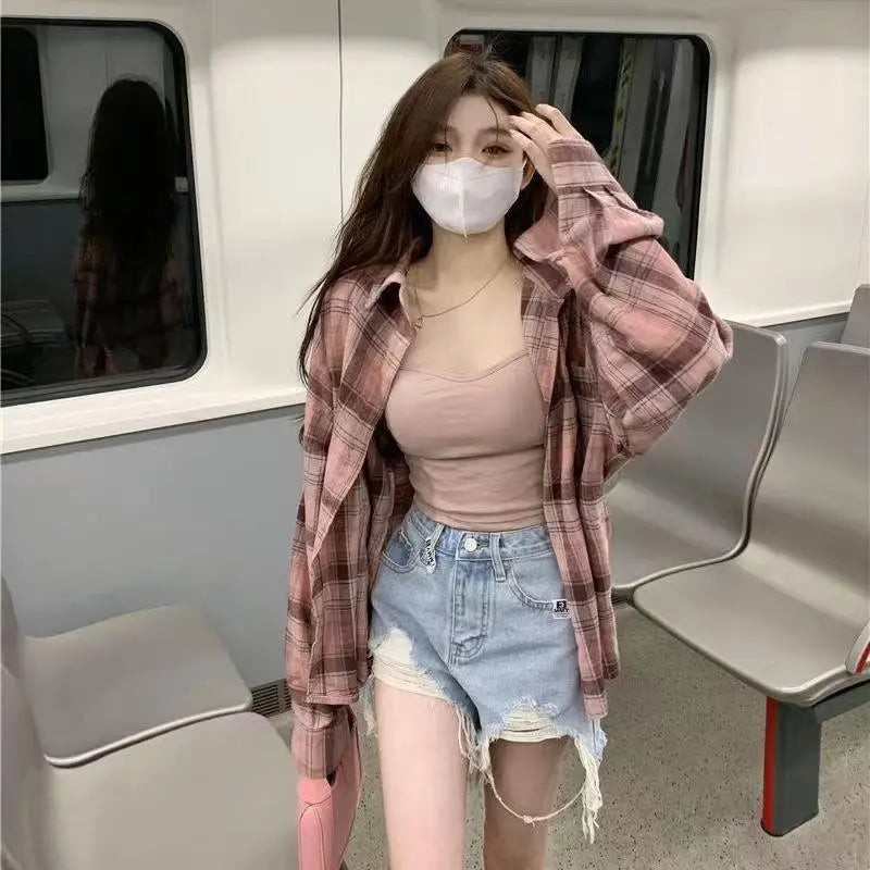 Slim Fit Plaid Long Sve irt Women's Spring Autumn Thin Sle  Collar Button down Casual Faion Outerwear