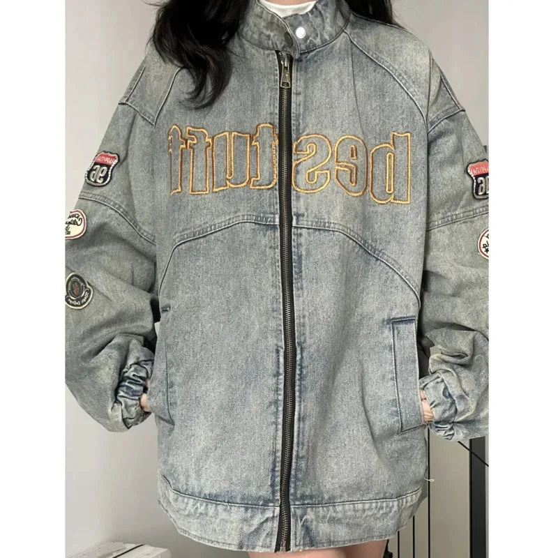 Unisex Embroidered Design Vintage Denim Jacket High Street Loose Coats Hip Hop Stand Collar Baseball Jacket for Women