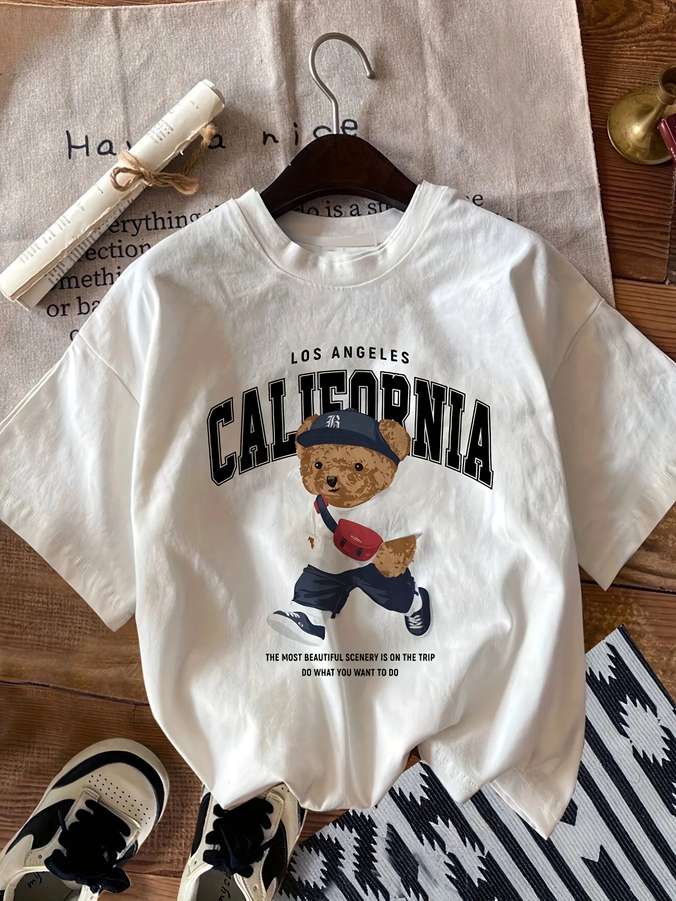 California & Bear Cartoon Print Short Sleeve O-Neck TShirt Spring Summer Top For Women Streetwear Oversized Casual Cotton Tshirt